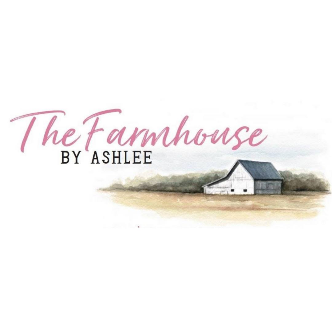 Brand logo for The Farmhouse by Ashlee, with pink cursive title and a watercolor barn scene. - Clayton, GA