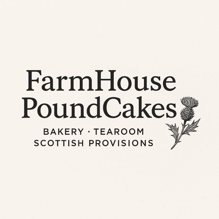 Farmhouse PoundCakes FarmHouse PoundCakes bakery logo with a botanical illustration on the right and the tagline 'Bakery · Tearoom · Scottish Provisions' below (logo on light background) - Clayton, GA