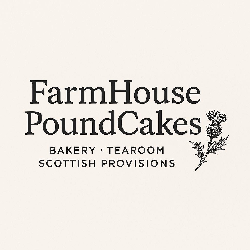 FarmHouse PoundCakes bakery logo with a botanical illustration on the right and the tagline 'Bakery · Tearoom · Scottish Provisions' below (logo on light background) - Clayton, GA