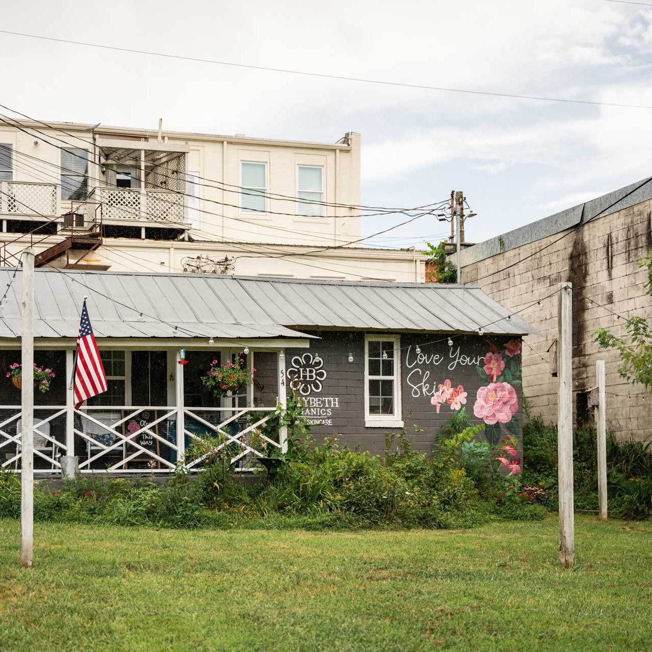 Small storefront with a dark gray wall featuring pink flower art and the words 'Love Your Skin'; an American flag on a pole stands in front under string lights. - Clayton, GA