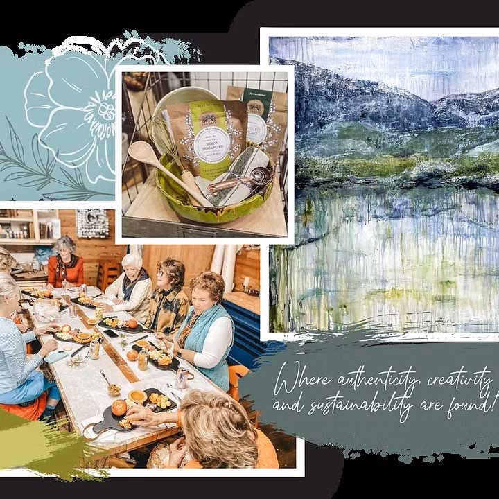 Collage of seniors sharing a meal at a long table, a basket of kitchen items, and a framed landscape painting, with the text: 'Where authenticity, creativity, and sustainability are found.' - Clayton, GA