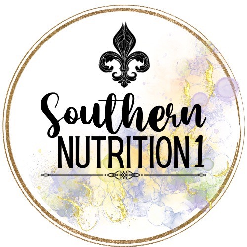 Logo circle with a gold border and fleur-de-lis at the top, featuring the words 'Southern Nutrition1' in script and sans-serif on a pastel watercolor background. - Clayton, GA