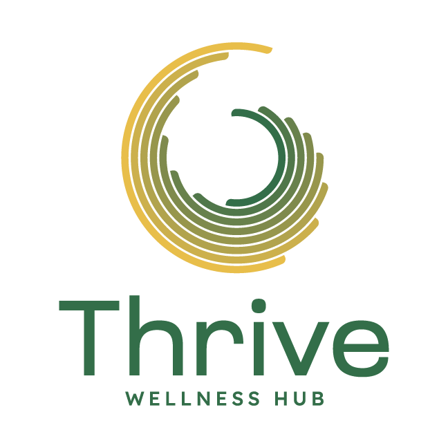 Thrive Wellness Hub logo featuring a green circular spiral with gold rings above the word Thrive. - Clayton, GA