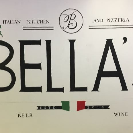 Restaurant sign reading BELLA'S, Italian Kitchen and Pizzeria, with grape garlands, beer and wine, established 2014. - Clayton, GA
