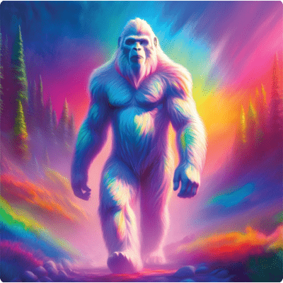 Colorful, glowing bigfoot-like figure walking toward the viewer in a neon rainbow landscape with trees in the background, surreal lighting. - Clayton, GA