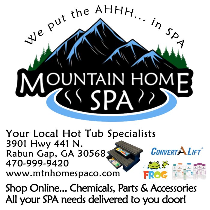 Mountain Home SPA Mountain Home Spa logo with stylized mountains, trees, and a blue water curve, plus the slogan 'Your Local Hot Tub Specialists'. - Clayton, GA