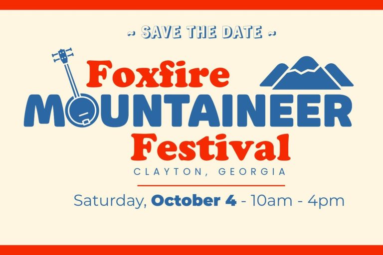 Save the date: Foxfire Mountaineer Festival in Clayton, Georgia — October 4, 10am–4pm, with a red maple leaf graphic. - Clayton, GA
