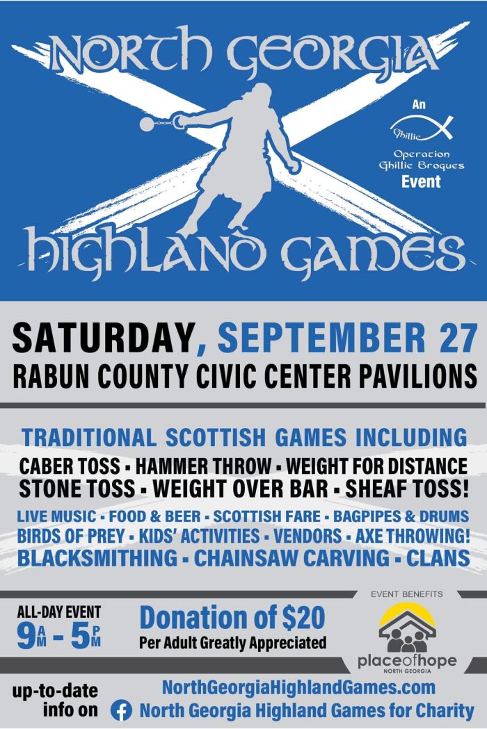 Poster for North Georgia Highland Games showing a pale silhouette of a runner against a white X on blue, with event date and location details below in bold text. - Clayton, GA