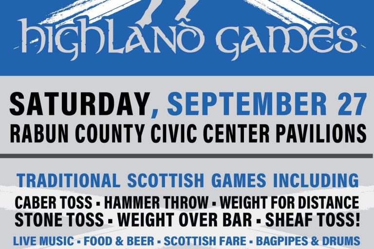 Poster for North Georgia Highland Games showing a pale silhouette of a runner against a white X on blue, with event date and location details below in bold text. - Clayton, GA
