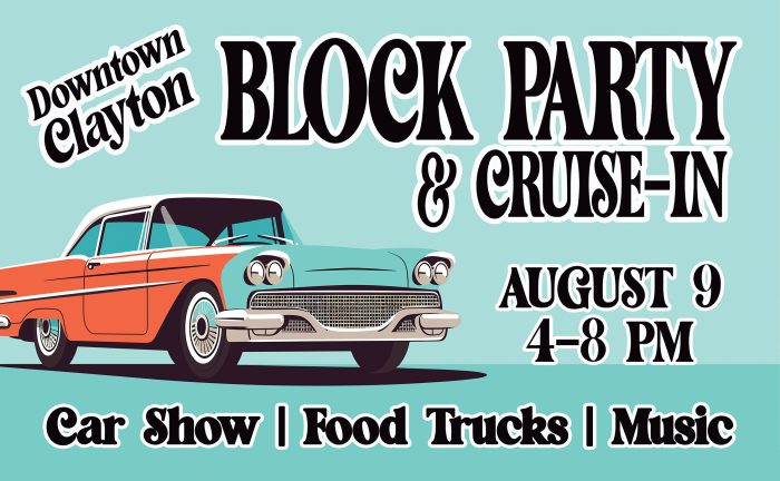 Poster advertising Downtown Clayton Rock Party & Cruise-In with a vintage car, listing activities: car show, food trucks, and live music. - Clayton, GA