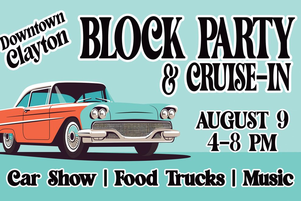 Poster advertising Downtown Clayton Rock Party & Cruise-In with a vintage car, listing activities: car show, food trucks, and live music. - Clayton, GA