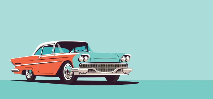 Downtown Clayton Block Party – March 15th 2025 Vintage orange and teal classic car illustration on a mint background, viewed from the front-left side. - Clayton, GA