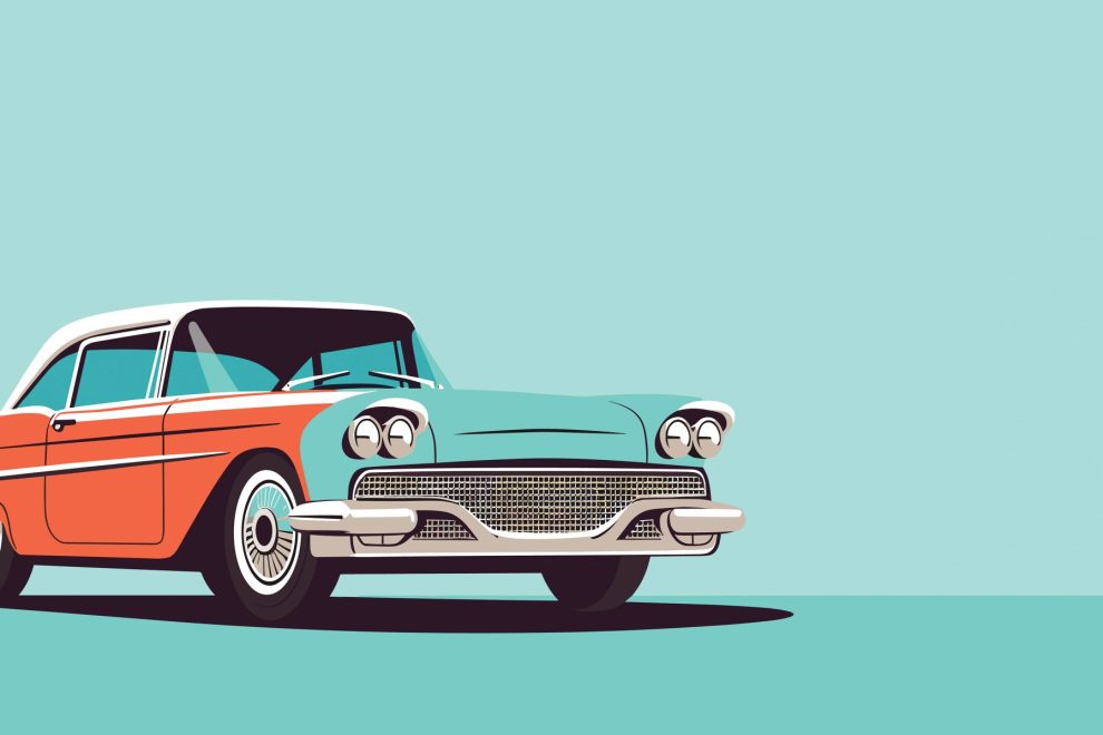 Vintage orange and teal classic car illustration on a mint background, viewed from the front-left side. - Clayton, GA
