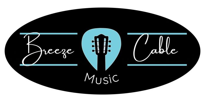 Brand logo for Breeze Cable Music featuring a blue guitar head silhouette between the words ‘Breeze’ and ‘Cable’ on a black oval background. - Clayton, GA