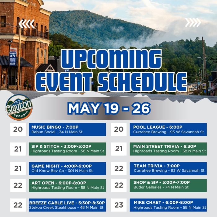 Promotional poster for Clayton, Georgia’s upcoming event schedule (May 19–26) with daily activities and venues in a town setting. - Clayton, GA