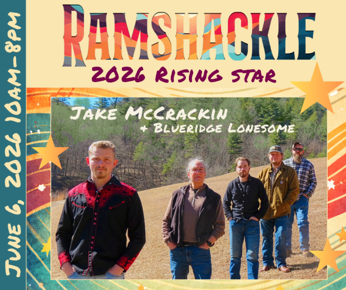 Poster for Ramshackle 2026 Rising Star featuring Jake McCrackin & Blueridge Lonesome; five men stand outdoors in a field. - Clayton, GA
