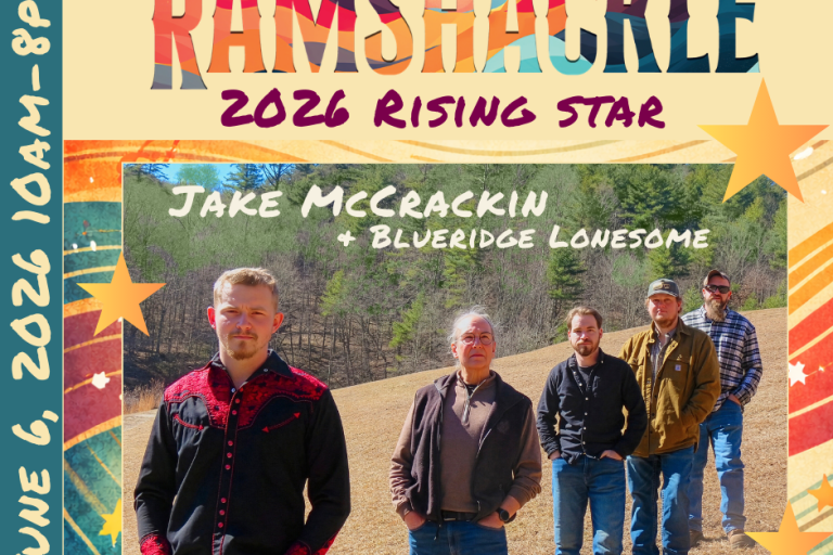 Poster for Ramshackle 2026 Rising Star featuring Jake McCrackin & Blueridge Lonesome; five men stand outdoors in a field. - Clayton, GA