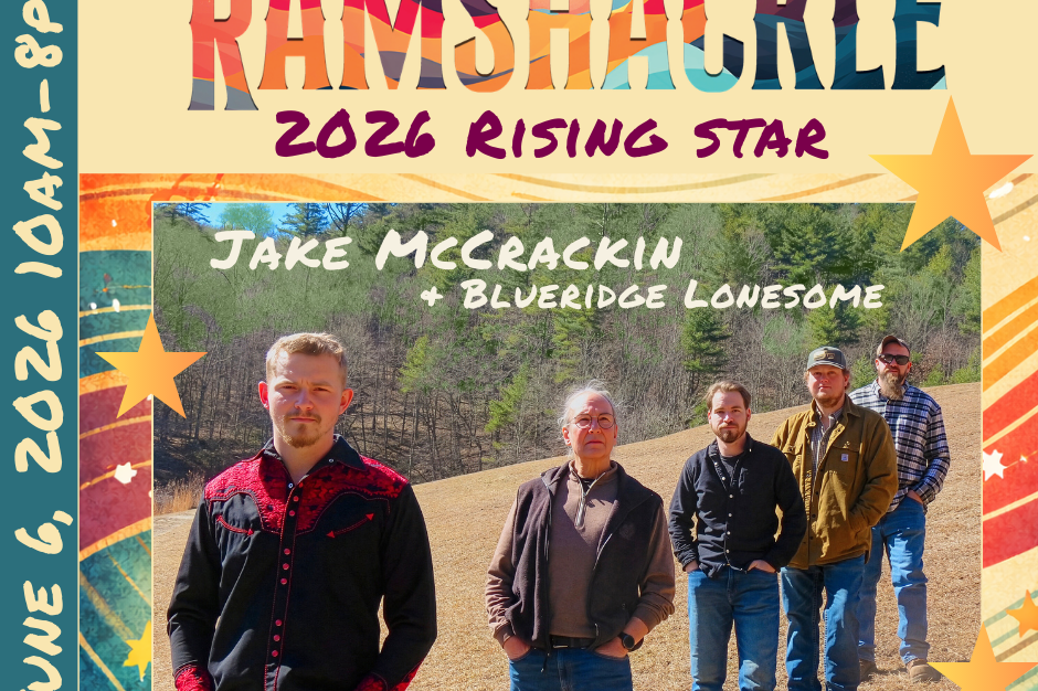 Poster for Ramshackle 2026 Rising Star featuring Jake McCrackin & Blueridge Lonesome; five men stand outdoors in a field. - Clayton, GA