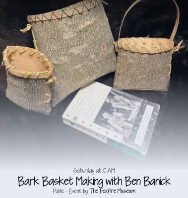 Three handmade bark baskets with leather trim displayed on a dark surface, next to a printed flyer for a Bark Basket Making workshop by Ben Banick (Saturday 10 AM). - Clayton, GA