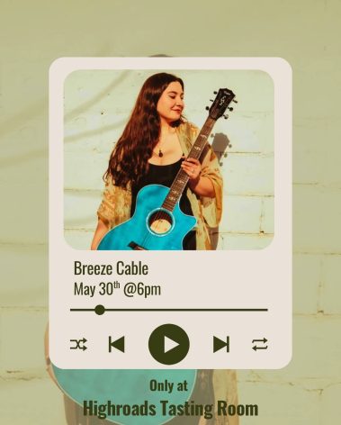 Poster announcing Breeze Cable performance: a woman with a turquoise guitar, date May 30 at 6pm, at Highroads Tasting Room. - Clayton, GA
