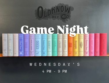 Promotional poster for Game Night at Old Now Bev Co, featuring a row of colorful book-shaped boxes and the event time: Wednesdays 4 PM–9 PM. - Clayton, GA
