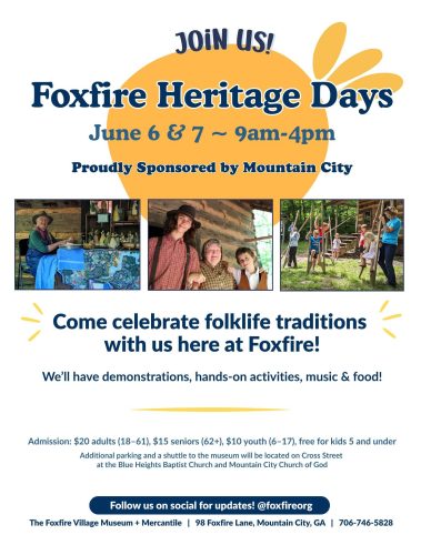 Poster advertising Foxtire Heritage Days with dates June 6–7, 9am–4pm, featuring a large orange sun graphic and photos of attendees - Clayton, GA
