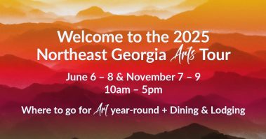 Poster announcing the 2025 Northeast Georgia Arts Tour with dates June 6–8 and November 7–9, 10am–5pm, set against a warm sunset mountain gradient. - Clayton, GA