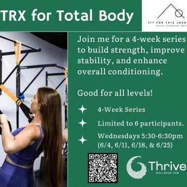 Woman using TRX suspension trainer in a gym, next to a green promotional poster for a 4-week fitness series. - Clayton, GA