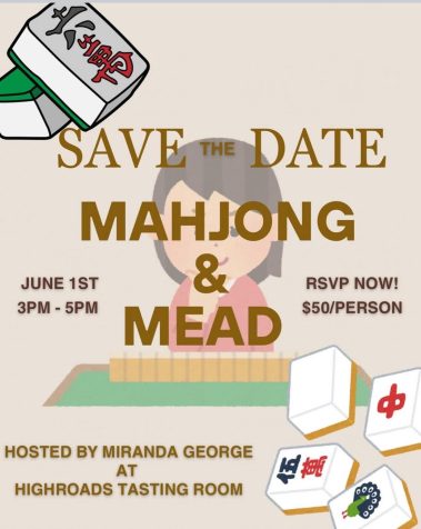 Poster inviting Mahjong & Mead event on June 1, 3–5 PM, $50 per person; hosted by Miranda George for Highroads Tasting Room. - Clayton, GA