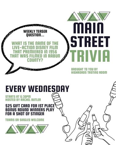 Poster advertising Main Street Trivia: weekly Wednesday event starting at 6:30pm, hosted by Rachel Butler, with a food and drinks theme and a teaser question. - Clayton, GA