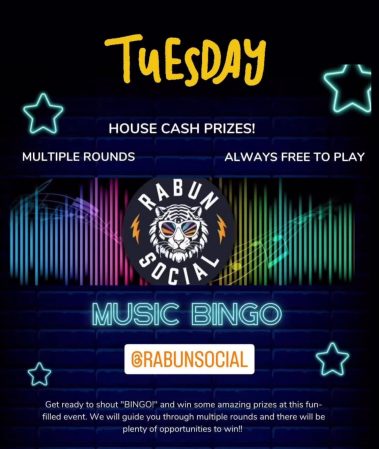 Promotional graphic for Tuesday music bingo with neon stars, colorful sound waves, and the Rabun Social logo in the center. - Clayton, GA