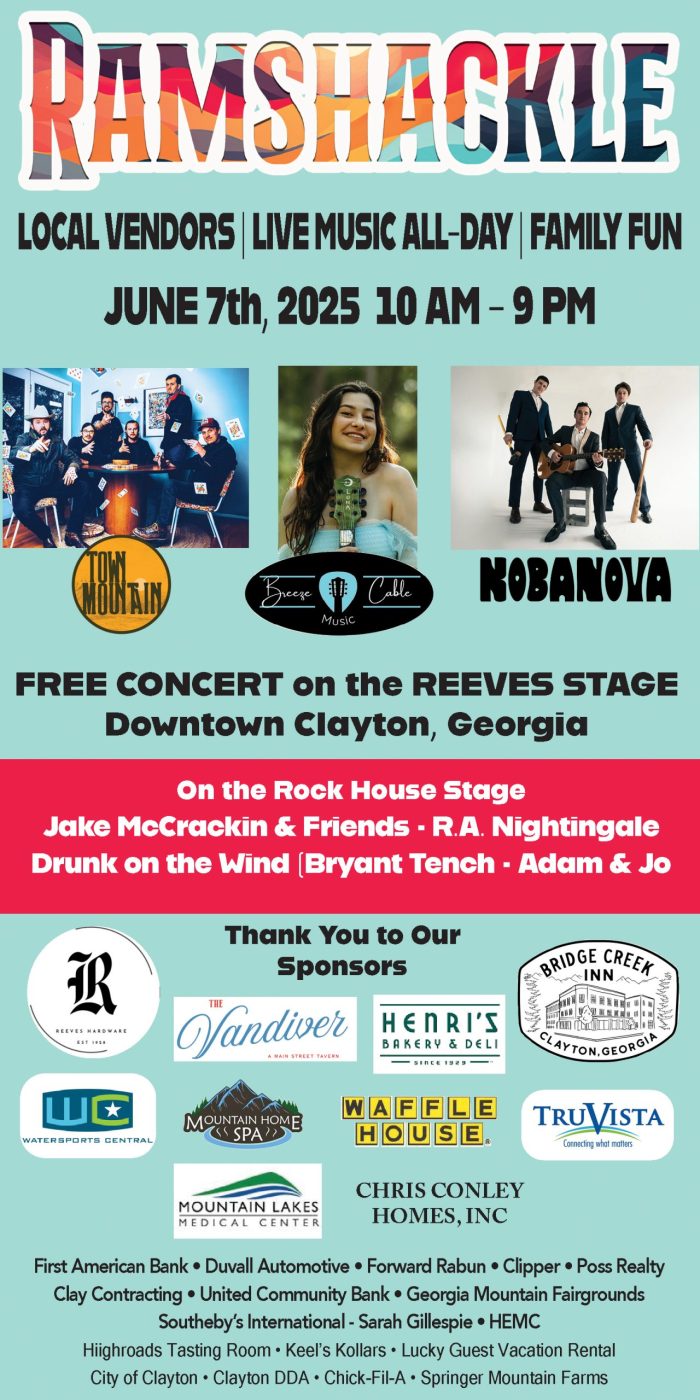 Poster announcing Ramshackle festival: Free downtown Clayton concert June 7, 2025, 10 AM–9 PM, with local vendors and bands. - Clayton, GA