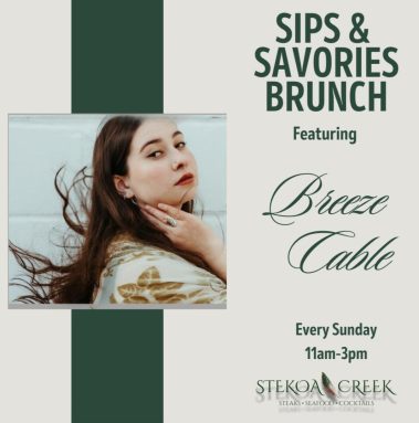 Poster for Sips & Savories Brunch featuring Breeze Table at Stekoa Greek, Sundays 11am–3pm. - Clayton, GA