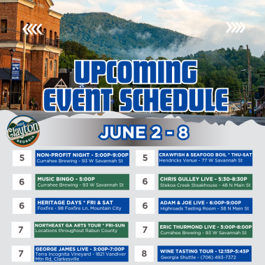 Upcoming event schedule poster for Clayton, Georgia, highlighting events from June 2–8 with venues and times throughout town. - Clayton, GA