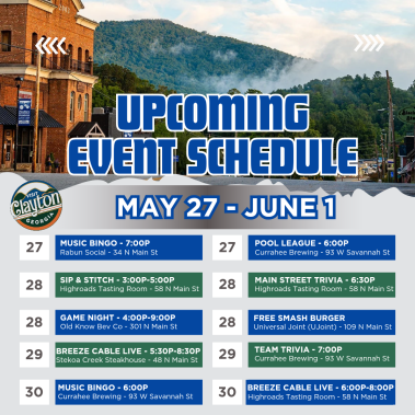 Poster announcing the upcoming event schedule for May 27–June 1 in Clayton, GA, with a grid of activities and venues. - Clayton, GA