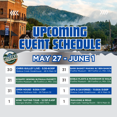 Poster announcing upcoming event schedule for May 27–June 1 with venues and times in blue and green blocks. - Clayton, GA