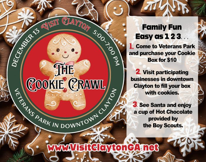 Promotional poster for The Cookie Crawl in Clayton, GA, showing gingerbread cookies and event steps for family fun. - Clayton, GA