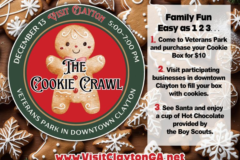 Promotional poster for The Cookie Crawl in Clayton, GA, showing gingerbread cookies and event steps for family fun. - Clayton, GA