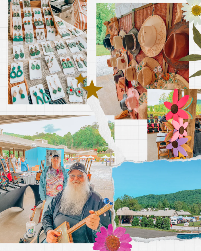 Collage from an outdoor craft fair: jewelry display, hat wall, colorful flowers, and musicians nearby with market tents. - Clayton, GA