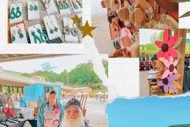 Collage from an outdoor craft fair: jewelry display, hat wall, colorful flowers, and musicians nearby with market tents. - Clayton, GA
