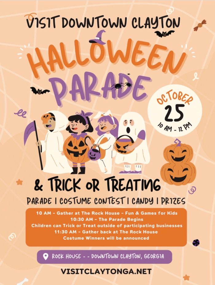 Halloween Parade poster for Downtown Clayton: kids in costumes with pumpkins, bats, ghosts; date Oct 25, 10 AM–12 PM; costumes, tricks & treats mentioned. - Clayton, GA