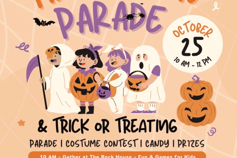 Halloween Parade poster for Downtown Clayton: kids in costumes with pumpkins, bats, ghosts; date Oct 25, 10 AM–12 PM; costumes, tricks & treats mentioned. - Clayton, GA