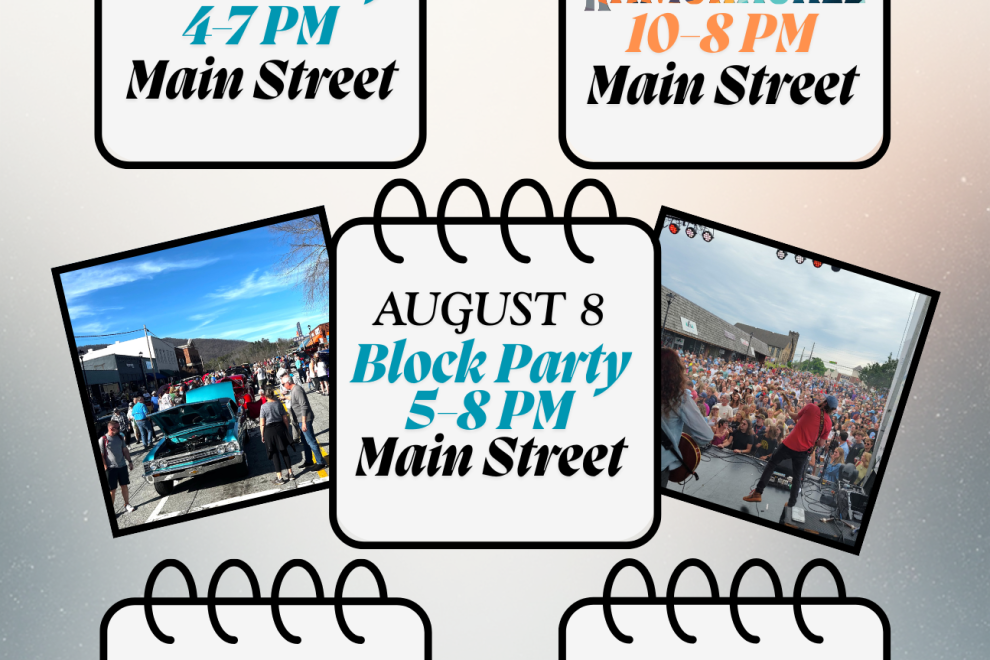 Poster announcing CMBA 2026 Events in Downtown Clayton with calendar-like blocks for each date and Main Street venues, plus site www.VisitClaytonGA.net. - Clayton, GA