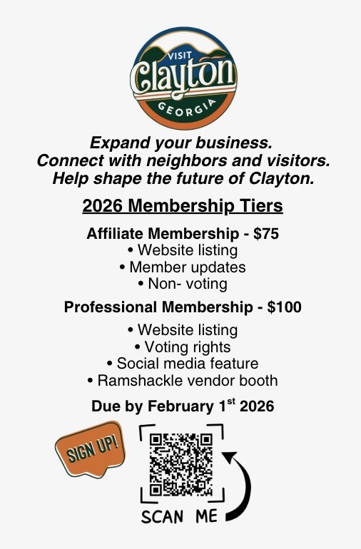 Clayton Georgia promotional flyer with a round Visit Clayton logo, inviting businesses to join 2026 Membership Tiers, due Feb 1, 2026, with a QR signup code - Clayton, GA