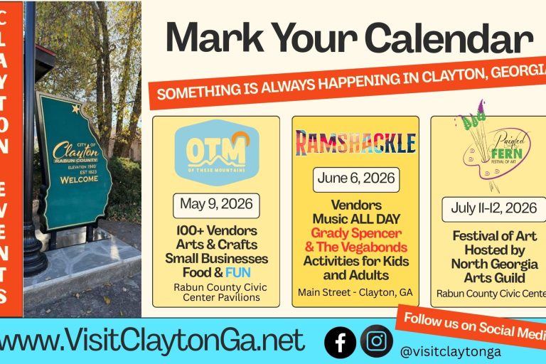Promotional poster for Clayton, Georgia events with a 'Mark Your Calendar' headline and three event cards side by side on a beige background. - Clayton, GA