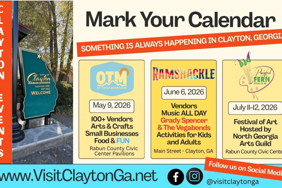Promotional poster for Clayton, Georgia events with a 'Mark Your Calendar' headline and three event cards side by side on a beige background. - Clayton, GA