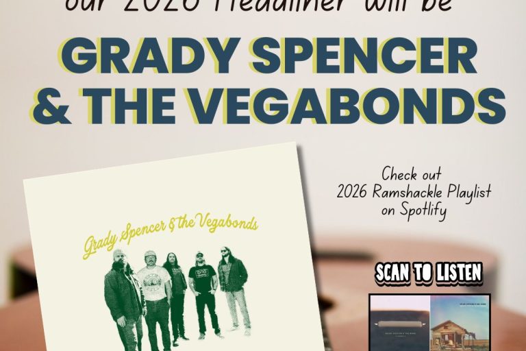 Poster announcing 2026 Ramshackle headliner: Grady Spencer & The Vegabonds, with a call to check Spotify playlist and visit visitclaytonga.org - Clayton, GA