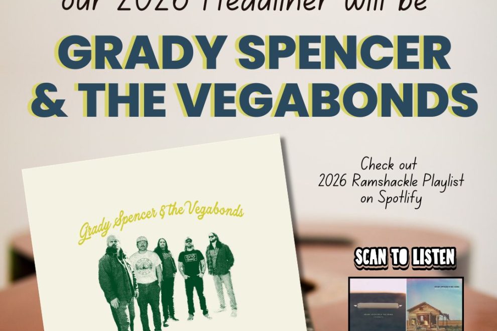 Poster announcing 2026 Ramshackle headliner: Grady Spencer & The Vegabonds, with a call to check Spotify playlist and visit visitclaytonga.org - Clayton, GA