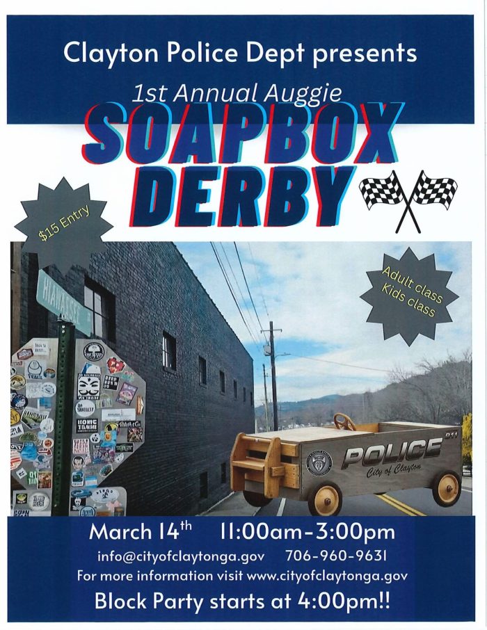 The 1st Annual Auggie Soapbox Derby Poster advertising Clayton Police Dept's 1st Annual Auggie Soapbox Derby with bold red‑blue text and a police van image; event details at bottom. - Clayton, GA