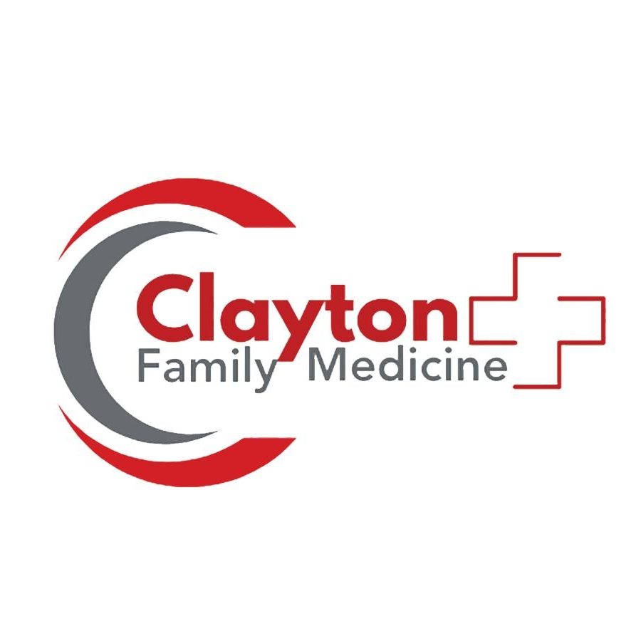 Clayton Family Medicine logo with red and gray crescent shapes and a red medical cross motif on the right. - Clayton, GA